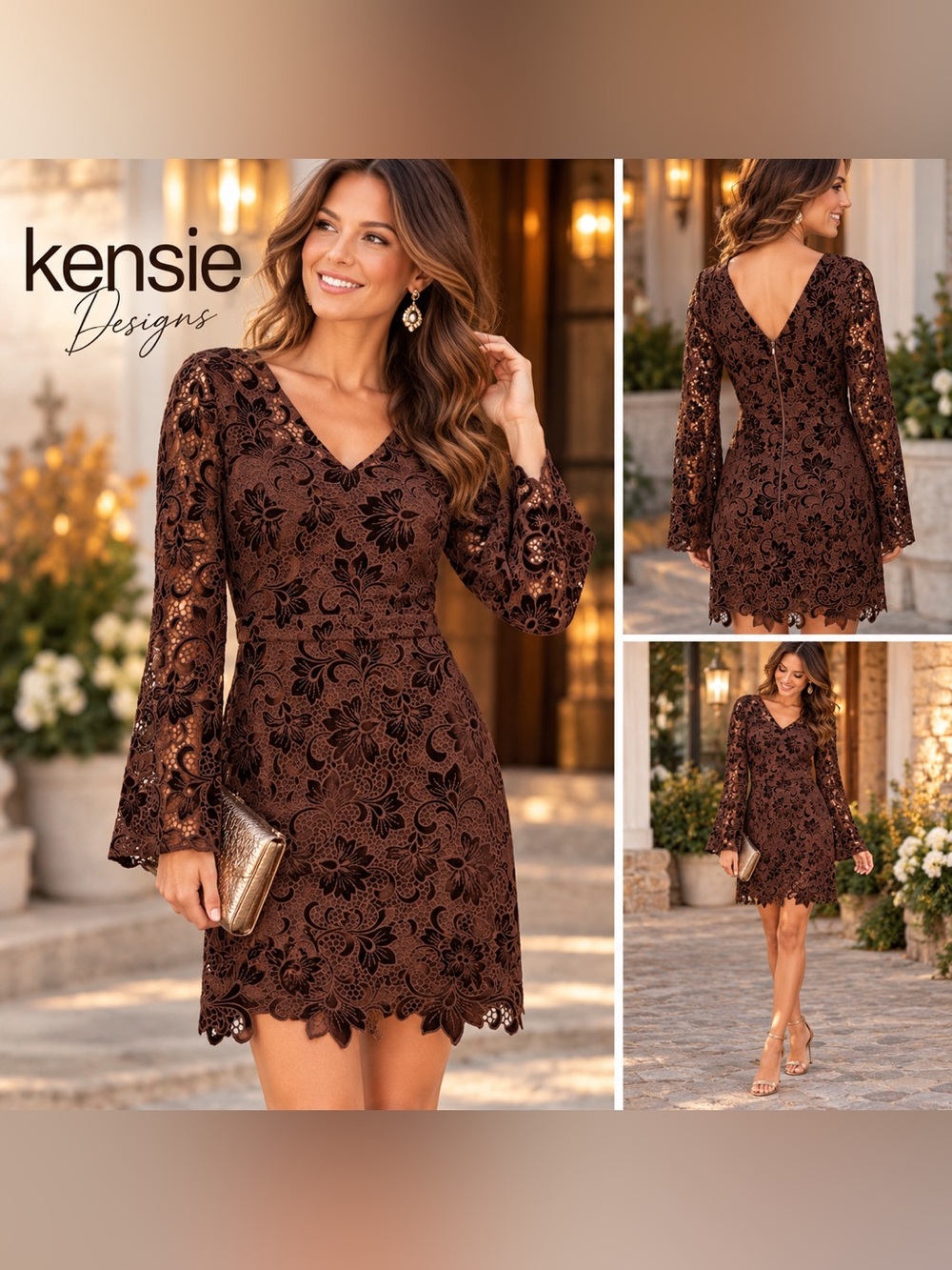 Kensie NWT Brown Floral Lace Velvet Long Sleeve Dress Size 4 Romantic Elegant